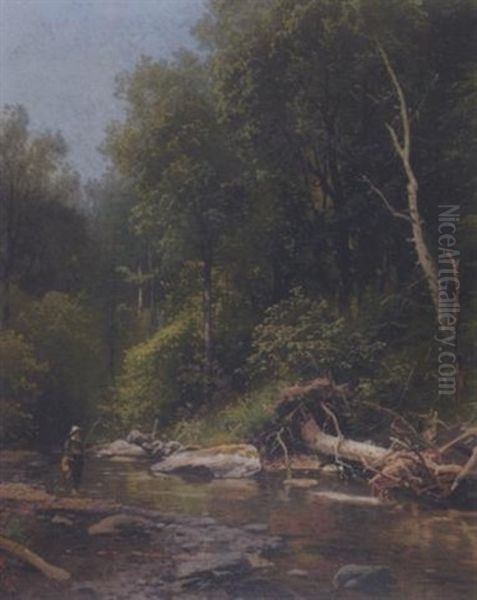 Fly Fishing Oil Painting by Hermann Herzog