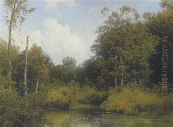 Forest Landscape With Pond And Ducks Oil Painting by Hermann Herzog