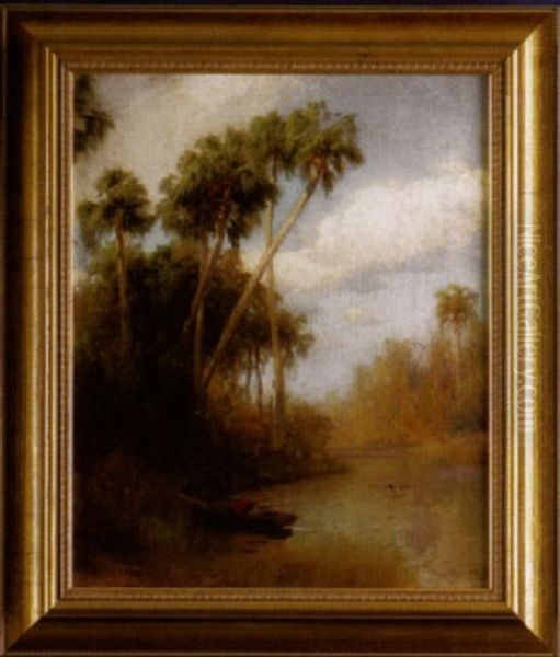 Southern Landscape With River And Canoe Oil Painting by Hermann Herzog