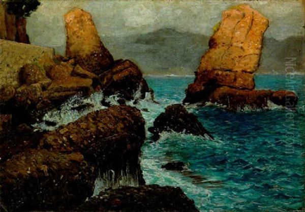 Waves Crashing On A Rocky Coast Oil Painting by Hermann Herzog