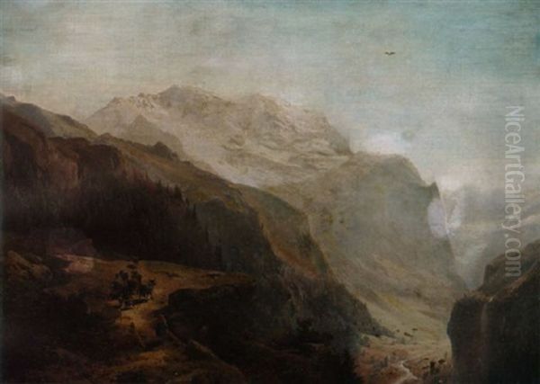 An Alpine Landscape With Cows Oil Painting by Hermann Herzog