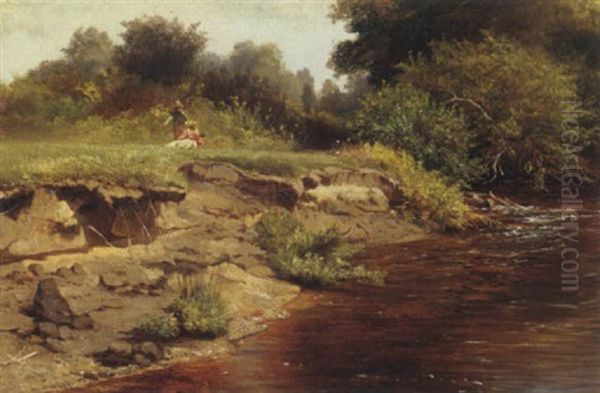 Children By A Stream Oil Painting by Hermann Herzog