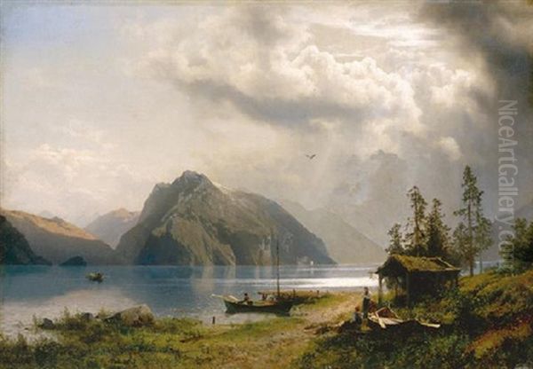 Landscape With Lake And Mountains Oil Painting by Hermann Herzog