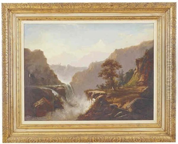 Western Scene Of Indians Camped Beside A Rushing Waterfall With Snow Capped Peaks In The Background Oil Painting by Hermann Herzog