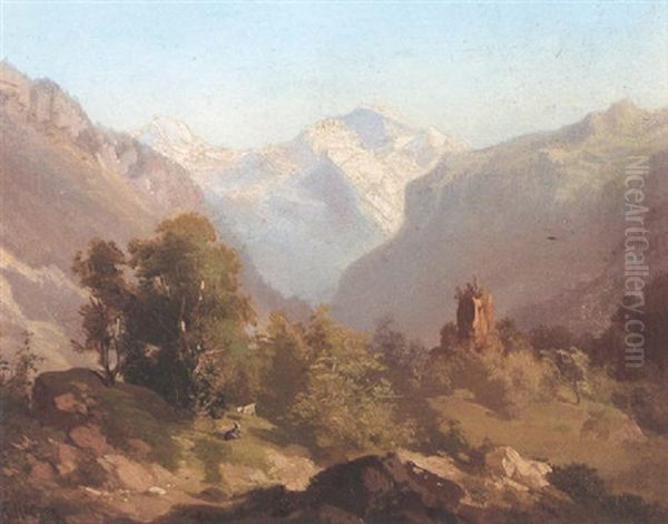 An Alpine Landscape With Goats Oil Painting by Hermann Herzog