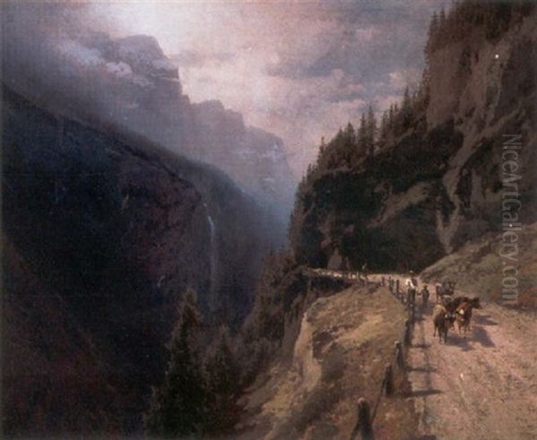 A Swiss Mountain Landscape With Figures And Cattle On A Path Oil Painting by Hermann Herzog