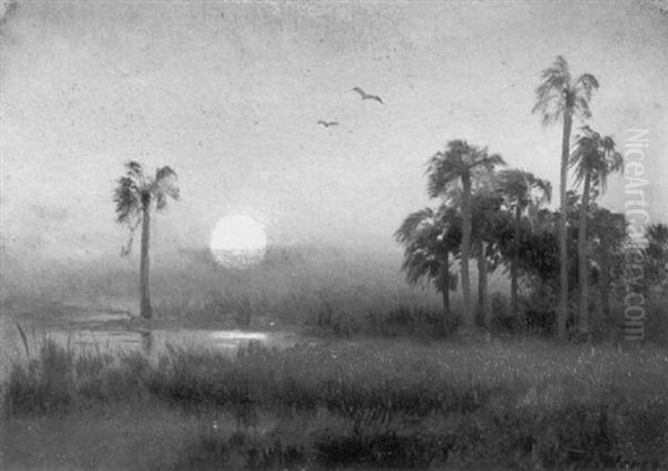 Sunset Over The Palm Trees Oil Painting by Hermann Herzog