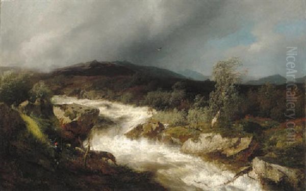 Fisherman By A Waterfall Oil Painting by Hermann Herzog