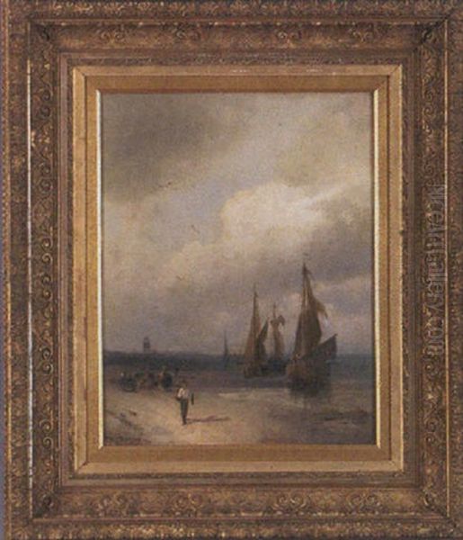 Ships On A Beach Oil Painting by Hermann Herzog