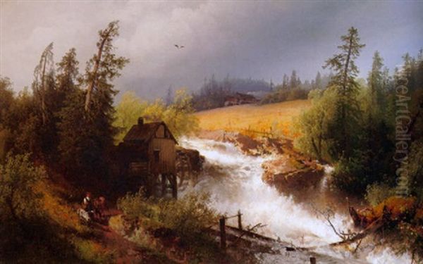 Old Watermill Oil Painting by Hermann Herzog