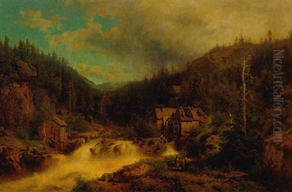 Gebirgslandschaft Mit Wassermuhle Oil Painting by Hermann Herzog