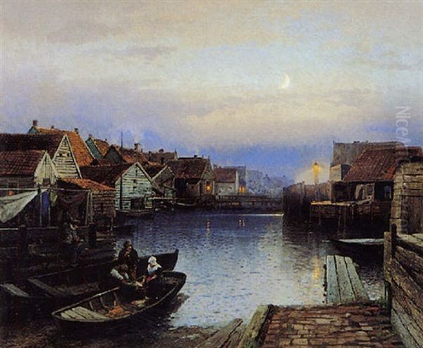 Boats Docking Along The City Canal At Night Oil Painting by Hermann Herzog