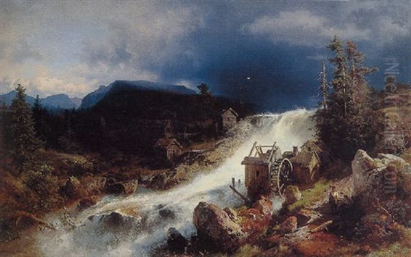 Mountain Landscape With Watermill Oil Painting by Hermann Herzog