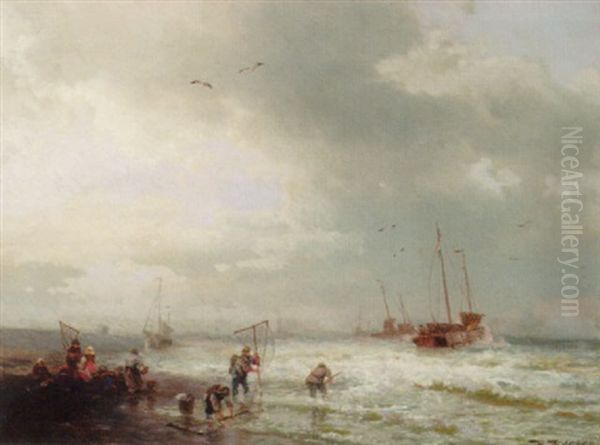 Fisherman By The Shore Of A Stormy Sea by Hermann Herzog