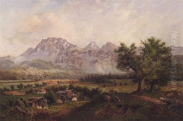 Alpine Landscape With Cows Grazing Oil Painting by Hermann Herzog