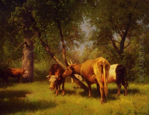 Cattle Grazing In The Woods Oil Painting by Hermann Herzog