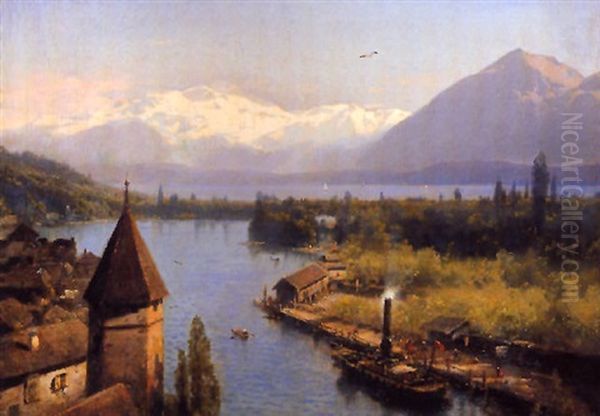 A View Of A Village On An Alpine Lake Oil Painting by Hermann Herzog