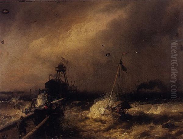 Fishing Pier And Boat On A Stormy Day Oil Painting by Hermann Herzog