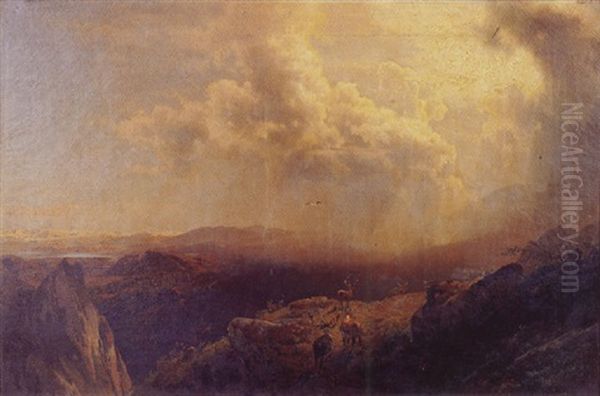 Stags At Crest Of Mountain Oil Painting by Hermann Herzog