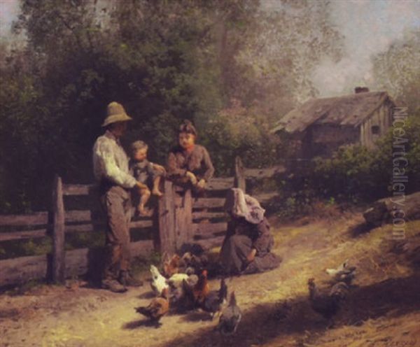 Chicken Yard Near Adams Brook (pike County) Oil Painting by Hermann Herzog