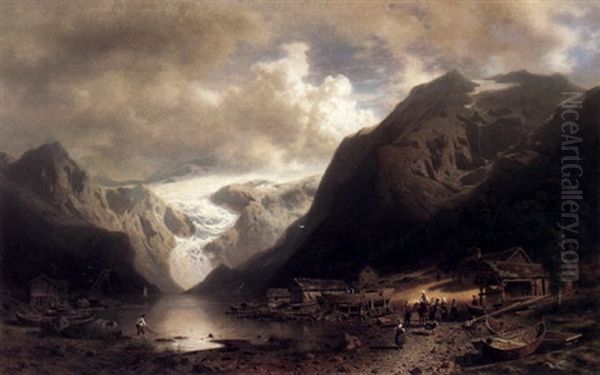 An Extensive Fjord Scene With Figures On The Shore In The Foreground And A Glacier Beyond Oil Painting by Hermann Herzog