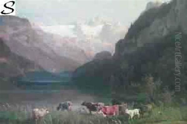 Alpine Landscape With Cattle Watering Oil Painting by Hermann Herzog