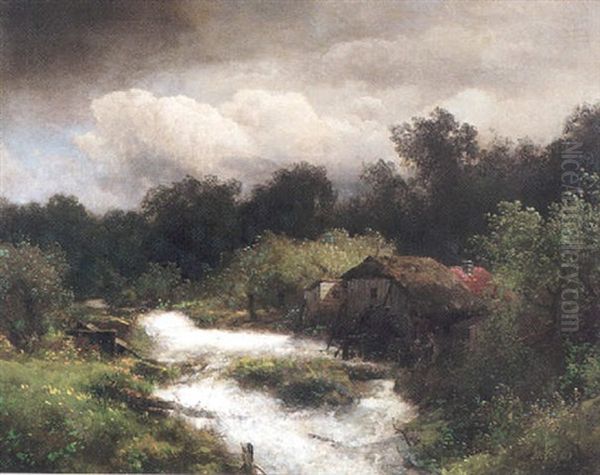 Old Mill With Storm Clouds Oil Painting by Hermann Herzog