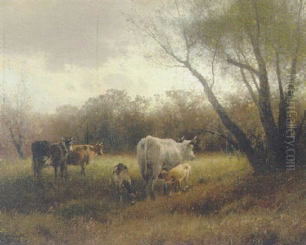 Jersey Cattle By The Trees Oil Painting by Hermann Herzog