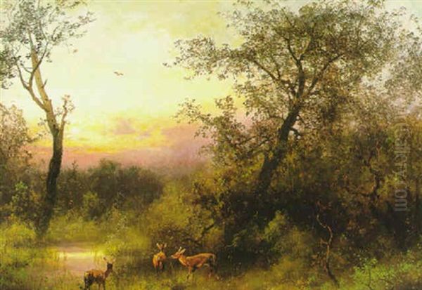 Deer By A Stream In A Clearing Oil Painting by Hermann Herzog