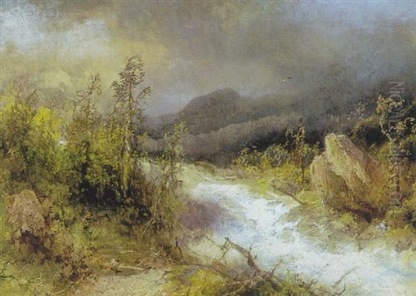 A Mountain Stream With A Stormy Sky Oil Painting by Hermann Herzog