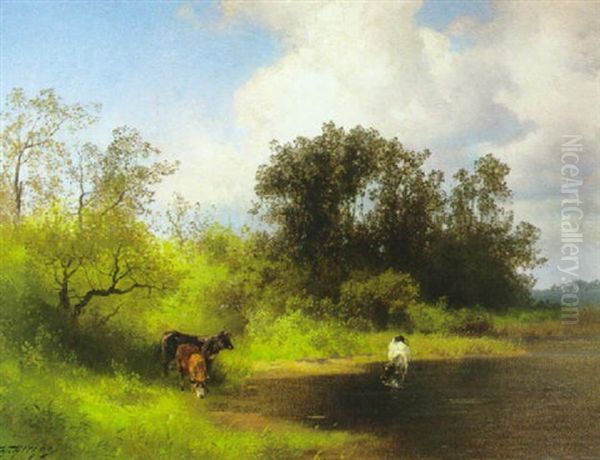 On The Farm Oil Painting by Hermann Herzog