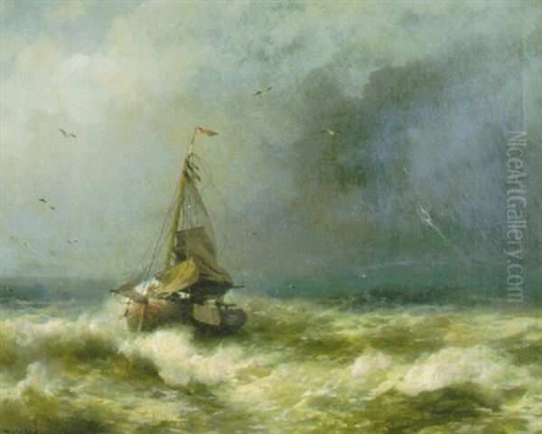 Fishing Boat In The Storm Oil Painting by Hermann Herzog