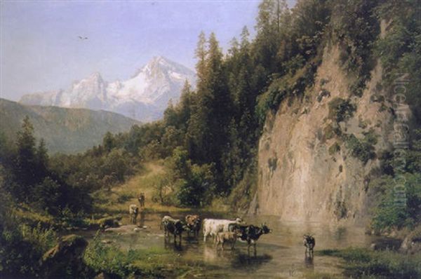 Cattle Watering In A Mountainous River Landscape Oil Painting by Hermann Herzog