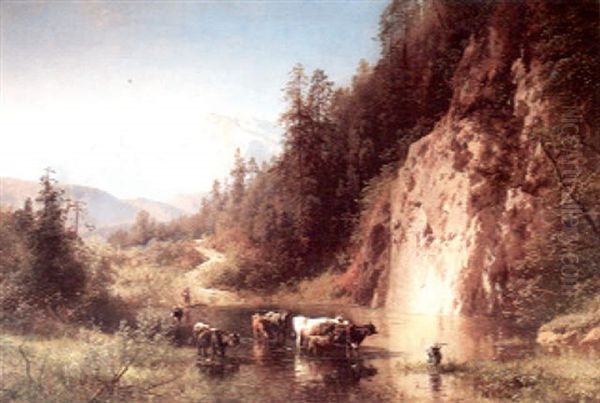 Shepherd With Herd Watering In An Alpine Stream Oil Painting by Hermann Herzog