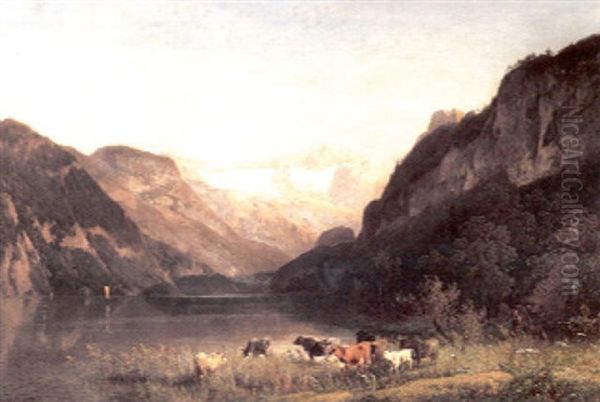 Cattle Beside An Alpine Lake Oil Painting by Hermann Herzog