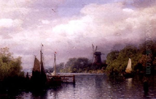 Blick Uber Die Besonnte Schelde Mit Segelbooten Und Windmuhle Oil Painting by Hermann Herzog