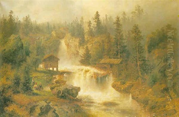 Figures Before A Mill In A Mountainous River Landscape Oil Painting by Hermann Herzog