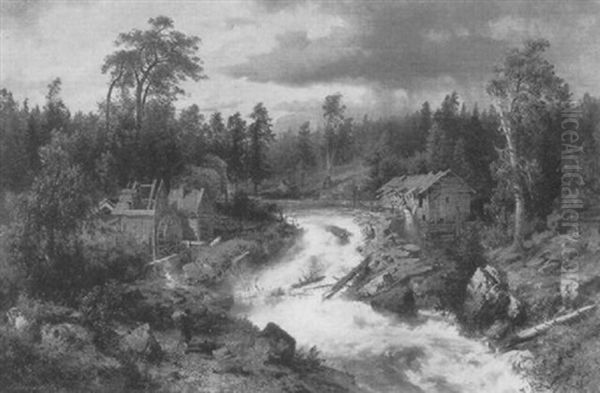 Landscape With Rushing River And Old Water Mill Oil Painting by Hermann Herzog