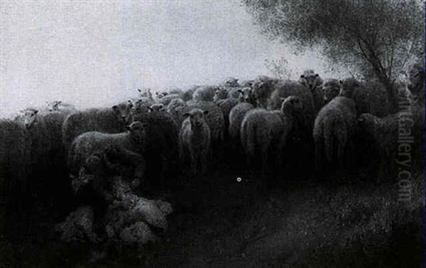 Sheep Shearing At Dusk Oil Painting by Hermann Herzog