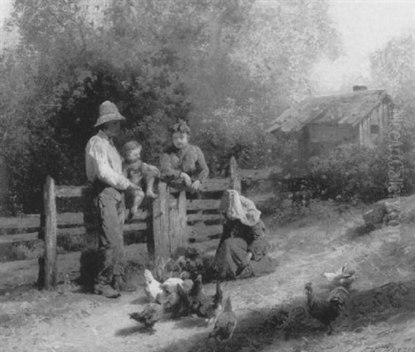 Feeding The Chickens Oil Painting by Hermann Herzog