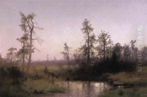 Deer In Moonlit Landscape Oil Painting by Hermann Herzog