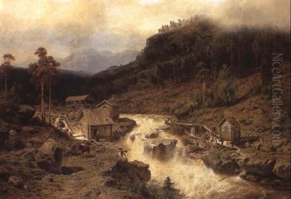 Gebirgsbach Mit Muhlen Oil Painting by Hermann Herzog