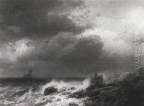 Rough Coast With Gulls And Ship At Sea Oil Painting by Hermann Herzog