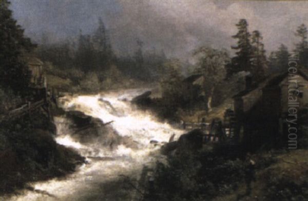 A River Torrent In A Wooded Landscape Oil Painting by Hermann Herzog