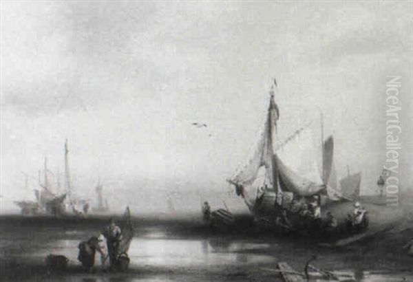 Beached Fishing Boats At Dusk Oil Painting by Hermann Herzog