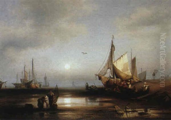 Fishermen At Dawn Oil Painting by Hermann Herzog