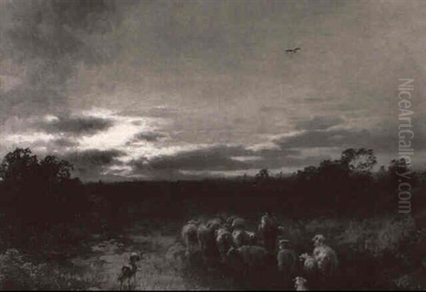 Shepherd Returning With His Flock At Sunset Oil Painting by Hermann Herzog