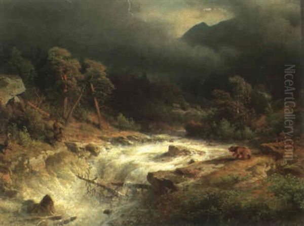 Rocky Mountain Landscape With Deer Frightened By A Bear Oil Painting by Hermann Herzog