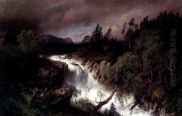 Mountain Landscape And Waterfall Oil Painting by Hermann Herzog