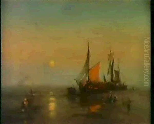 Moonlit Fishing Scene Oil Painting by Hermann Herzog